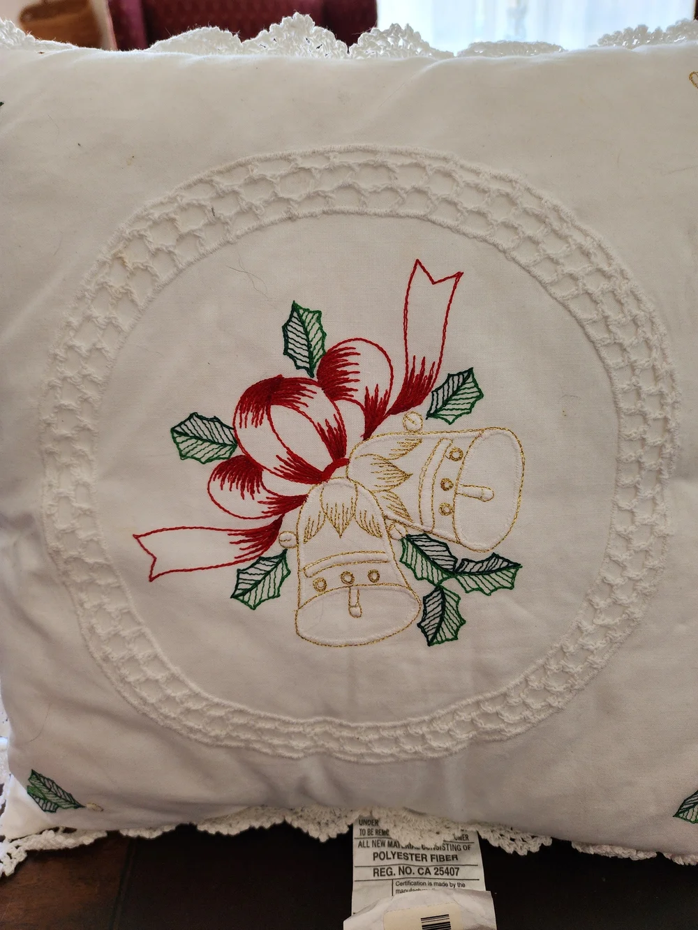 Festive Bell Embroidered Holiday Pillow - White with Red & Green & Gold Bells
